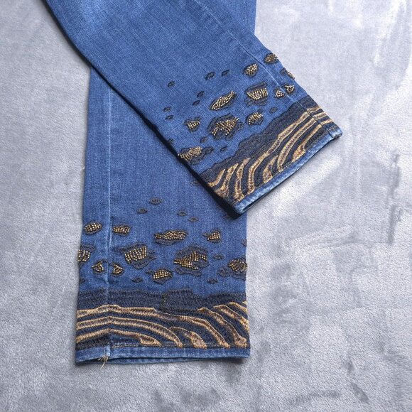 Chicos Pull-On Jegging Ankle Jeans 6 (0.5) Embroidered Beaded Cuffs Blue Stretch - Picture 5 of 8